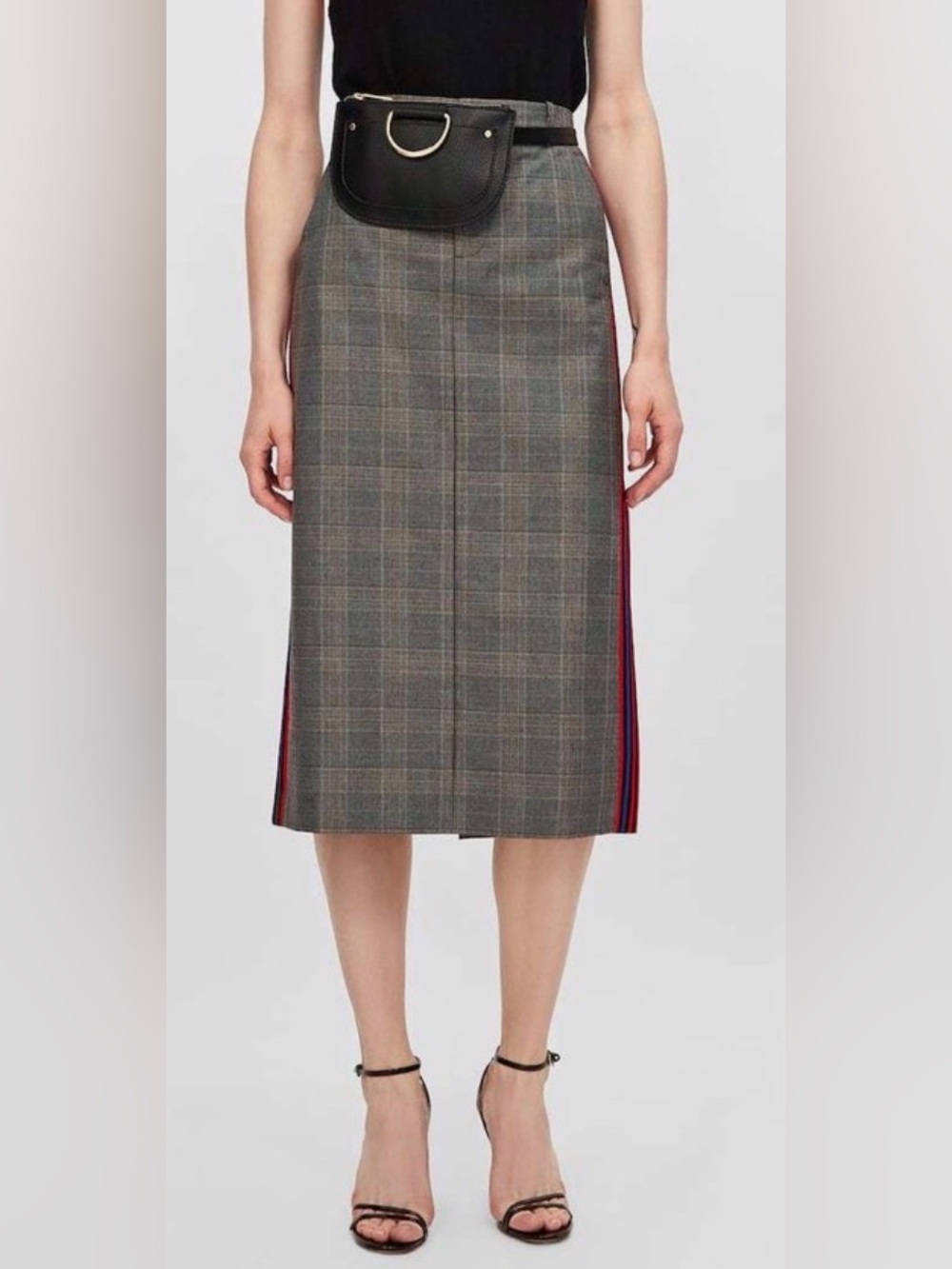 Zara Woman Grey Plaid Pencil Skirt with Red/Blue Side Stripe Sz M - Picture 5 of 10